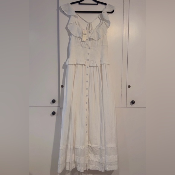 NWT Anthropologie Pilcro White Cotton Ruffle Maxi Dress Smocked Waist Size S - Picture 7 of 15